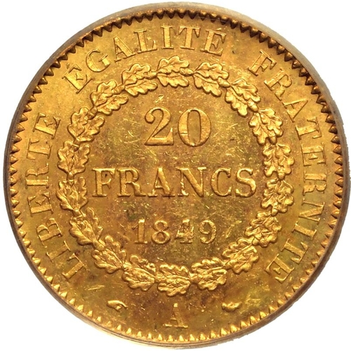 54 - FRANCE. Second Republic, 1848-51. Gold 20 francs, 1849 A. Standing Genius writing the Constitution f... 