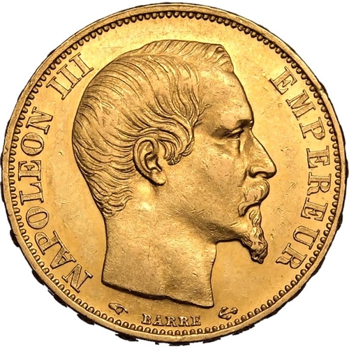 56 - FRANCE. Napoleon III, 1852-70. Gold 20 francs, 1860 A. Bare head of Napoleon III facing right, NAPOL... 