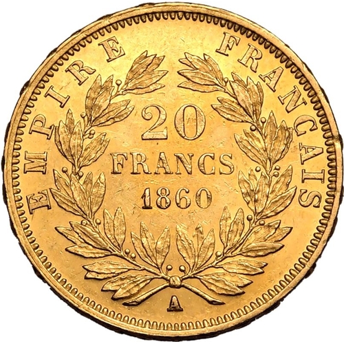 56 - FRANCE. Napoleon III, 1852-70. Gold 20 francs, 1860 A. Bare head of Napoleon III facing right, NAPOL... 