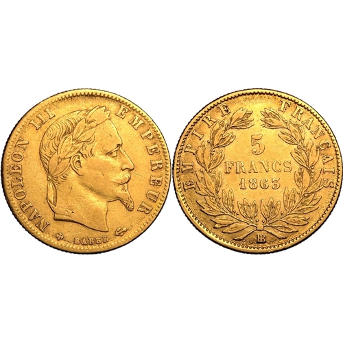 57 - FRANCE. Napoleon III, 1852-1870. Gold 5 francs, 1863 BB. Strasbourg. Napoleon III. Bust of Napoleon ... 