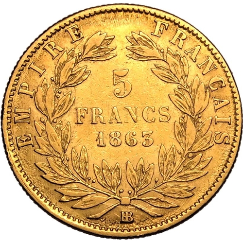 57 - FRANCE. Napoleon III, 1852-1870. Gold 5 francs, 1863 BB. Strasbourg. Napoleon III. Bust of Napoleon ... 