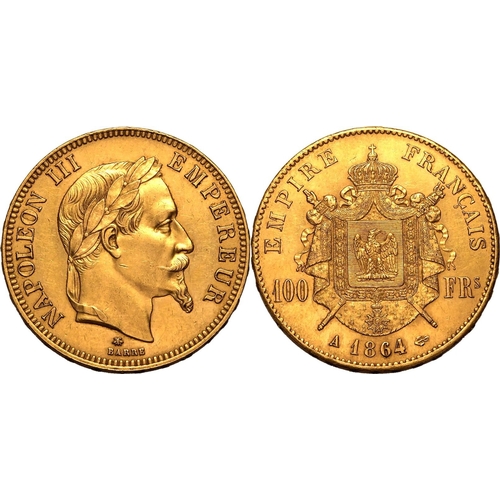 58 - FRANCE. Napoleon III, 1852-70. Gold 100 francs, 1864 A. Laureate head of Napoleon III facing right, ... 