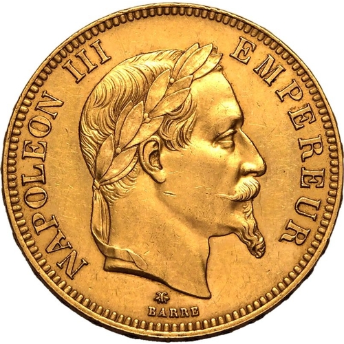 58 - FRANCE. Napoleon III, 1852-70. Gold 100 francs, 1864 A. Laureate head of Napoleon III facing right, ... 