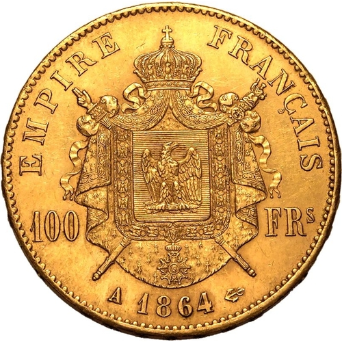 58 - FRANCE. Napoleon III, 1852-70. Gold 100 francs, 1864 A. Laureate head of Napoleon III facing right, ... 