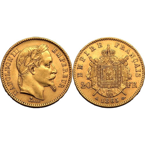 59 - FRANCE. Napoleon III, 1852-70. Gold 20 francs, 1865 A. Laureate head of Napoleon III facing right, N... 