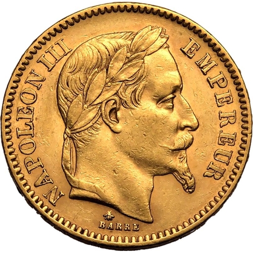 59 - FRANCE. Napoleon III, 1852-70. Gold 20 francs, 1865 A. Laureate head of Napoleon III facing right, N... 