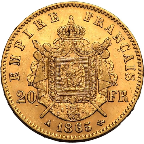 59 - FRANCE. Napoleon III, 1852-70. Gold 20 francs, 1865 A. Laureate head of Napoleon III facing right, N... 