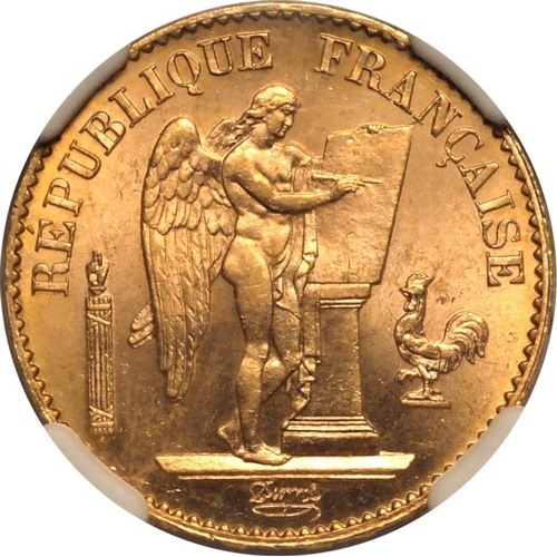 60 - FRANCE. Third Republic, 1870-1940. Gold 20 francs, 1895 A. Standing Genius writing the Constitution ... 