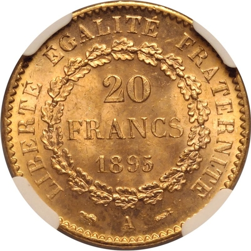 60 - FRANCE. Third Republic, 1870-1940. Gold 20 francs, 1895 A. Standing Genius writing the Constitution ... 