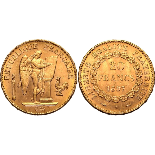 61 - FRANCE. Third Republic, 1870-1940. Gold 20 francs, 1897 A. Standing Genius writing the Constitution ... 