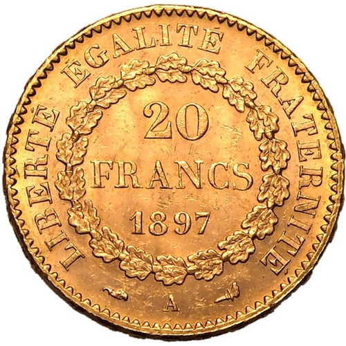 61 - FRANCE. Third Republic, 1870-1940. Gold 20 francs, 1897 A. Standing Genius writing the Constitution ... 