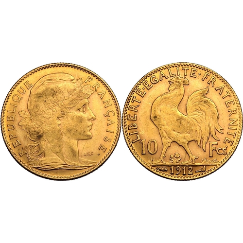 62 - FRANCE. Third Republic, 1870-1940. Gold 10 francs, 1912. Capped and draped bust of Marianne facing r... 