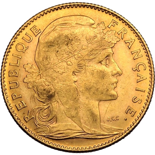 62 - FRANCE. Third Republic, 1870-1940. Gold 10 francs, 1912. Capped and draped bust of Marianne facing r... 