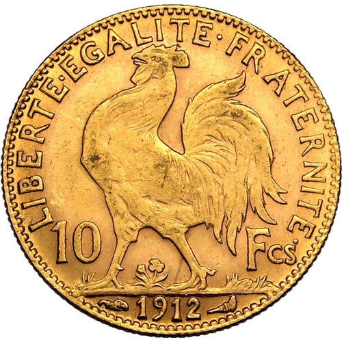 62 - FRANCE. Third Republic, 1870-1940. Gold 10 francs, 1912. Capped and draped bust of Marianne facing r... 