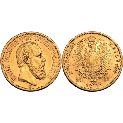 64 - GERMANY. WüRTTEMBERG. Karl I. Gold 20 mark, 1873 F. Stuttgart. Bust facing right, KARL KOENIG V... 