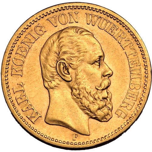 64 - GERMANY. WüRTTEMBERG. Karl I. Gold 20 mark, 1873 F. Stuttgart. Bust facing right, KARL KOENIG V... 