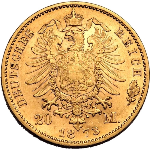 64 - GERMANY. WüRTTEMBERG. Karl I. Gold 20 mark, 1873 F. Stuttgart. Bust facing right, KARL KOENIG V... 