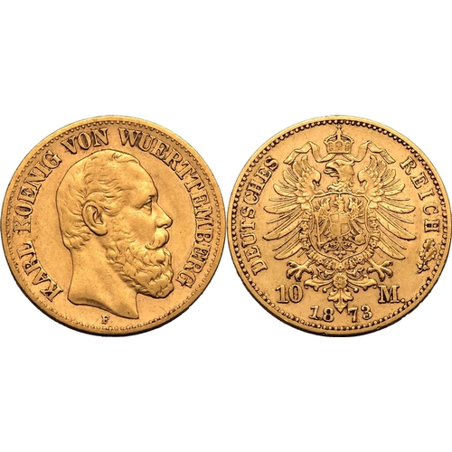 65 - GERMANY. WüRTTEMBERG. Gold 10 mark, 1873 F. Karl I. Bust facing right, KARL KOENIG VON WUERTTEM... 