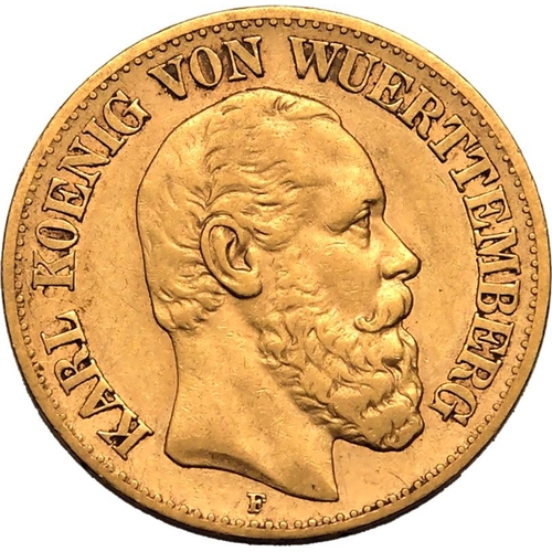 65 - GERMANY. WüRTTEMBERG. Gold 10 mark, 1873 F. Karl I. Bust facing right, KARL KOENIG VON WUERTTEM... 