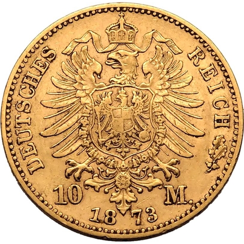 65 - GERMANY. WüRTTEMBERG. Gold 10 mark, 1873 F. Karl I. Bust facing right, KARL KOENIG VON WUERTTEM... 