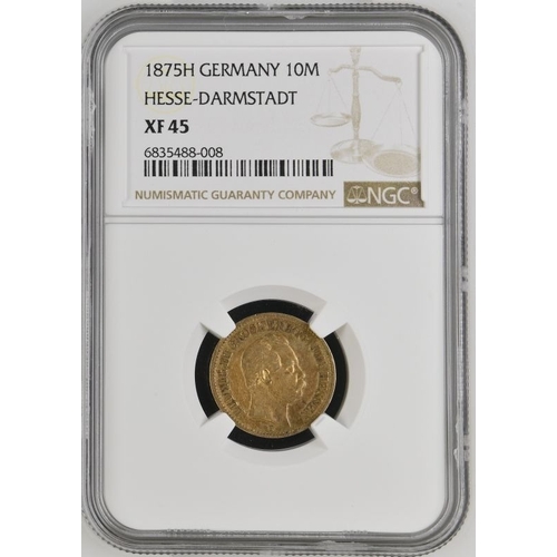 66 - GERMANY. HESSEN-DARMSTADT. Gold 10 mark, 1875 H. Ludwig III. Bareheaded portrait right, LUDWIG III G... 