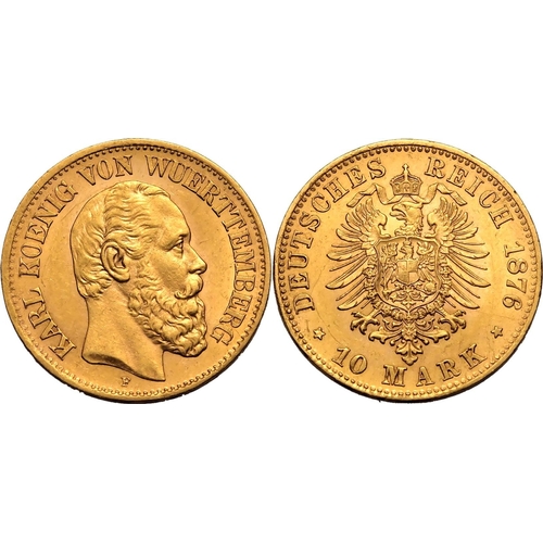 67 - GERMANY. WüRTTEMBERG. Gold 10 mark, 1876 F. Karl I. Bust facing right, KARL KOENIG VON WUERTTEM... 