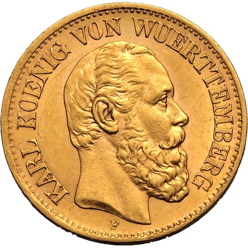 67 - GERMANY. WüRTTEMBERG. Gold 10 mark, 1876 F. Karl I. Bust facing right, KARL KOENIG VON WUERTTEM... 