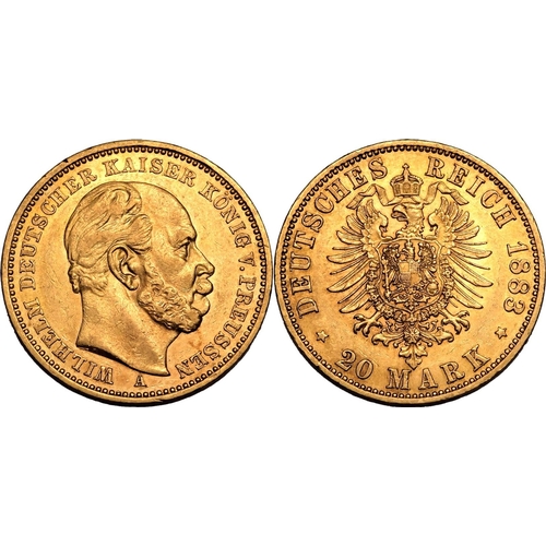 68 - GERMANY. PRUSSIA. Wilhelm I. Gold 20 mark, 1883 A. Berlin. Bareheaded bust facing right, WILHELM DEU... 