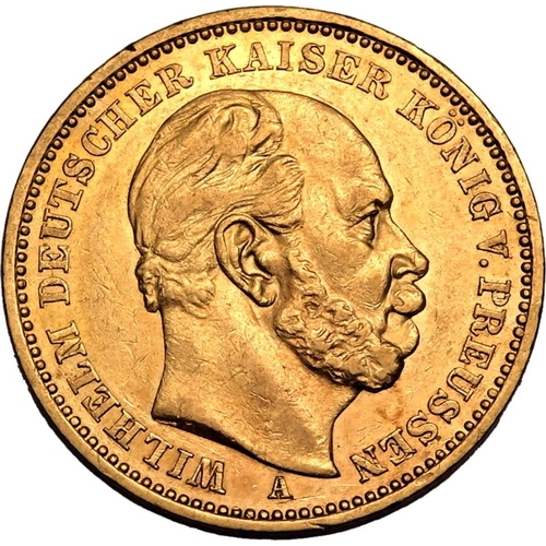 68 - GERMANY. PRUSSIA. Wilhelm I. Gold 20 mark, 1883 A. Berlin. Bareheaded bust facing right, WILHELM DEU... 