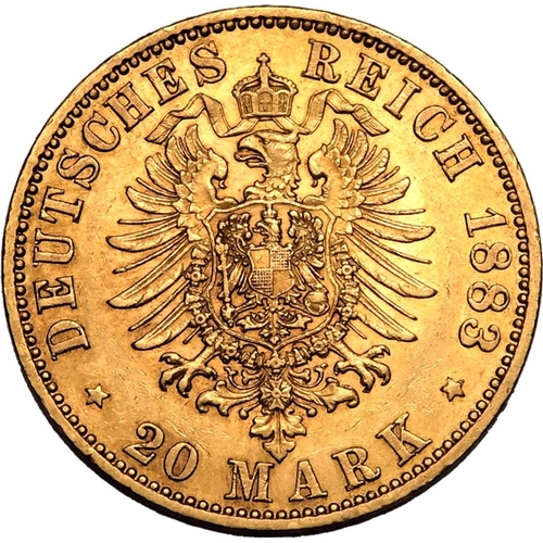 68 - GERMANY. PRUSSIA. Wilhelm I. Gold 20 mark, 1883 A. Berlin. Bareheaded bust facing right, WILHELM DEU... 