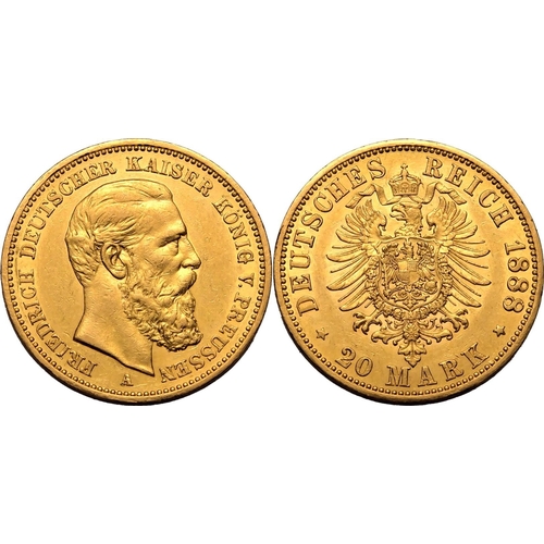 69 - GERMANY. PRUSSIA. Friedrich III. Gold 20 mark, 1888 A. Berlin. Friedrich III facing right with mint ... 