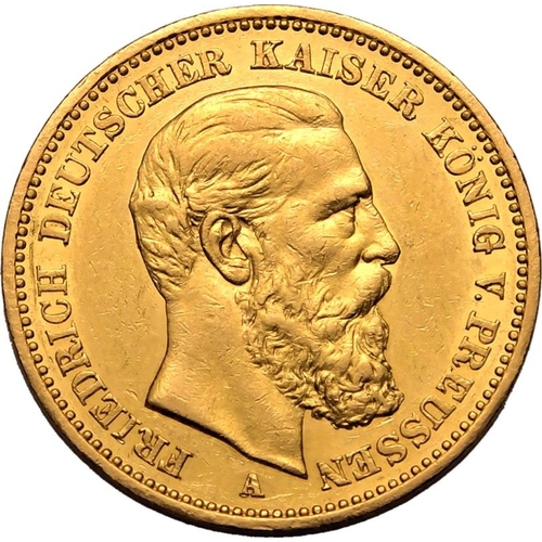 69 - GERMANY. PRUSSIA. Friedrich III. Gold 20 mark, 1888 A. Berlin. Friedrich III facing right with mint ... 