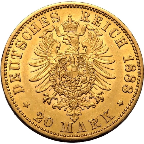 69 - GERMANY. PRUSSIA. Friedrich III. Gold 20 mark, 1888 A. Berlin. Friedrich III facing right with mint ... 