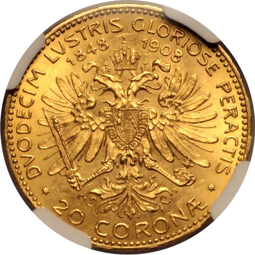 7 - AUSTRIA. HABSBURG. Franz Joseph I. Gold 20 corona, 1908. 60th Anniversary of the Reign of Franz Jose... 