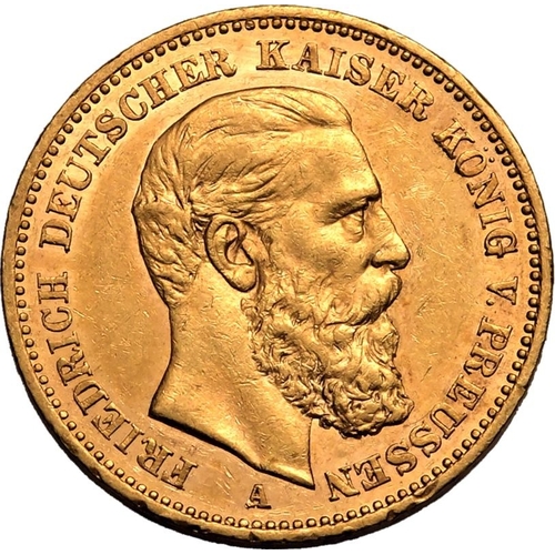 70 - GERMANY. PRUSSIA. Friedrich III. Gold 20 mark, 1888 A. Berlin. Friedrich III facing right with mint ... 