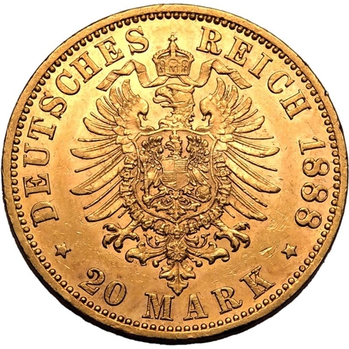 70 - GERMANY. PRUSSIA. Friedrich III. Gold 20 mark, 1888 A. Berlin. Friedrich III facing right with mint ... 