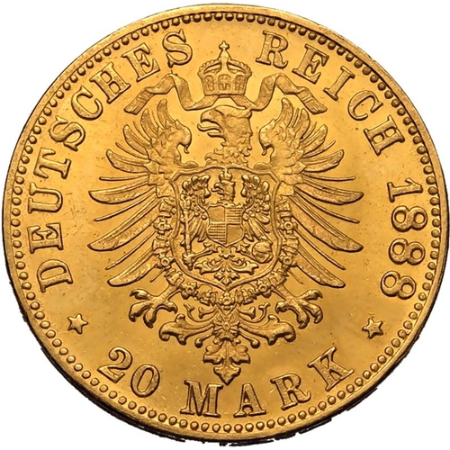 71 - GERMANY. PRUSSIA. Friedrich III. Gold 20 mark, 1888 A. Berlin. Friedrich III facing right with mint ... 