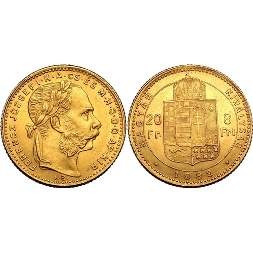 75 - HUNGARY. Gold 20 francs, 1882 KB. Kremnica. I Ferenc József. Bust of Franz Joseph I right, FE... 