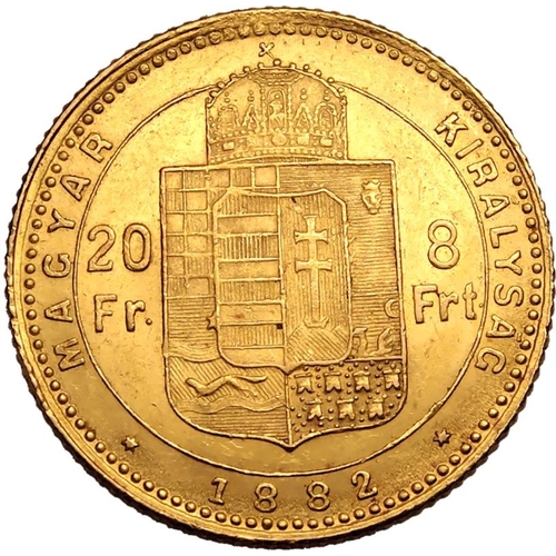 75 - HUNGARY. Gold 20 francs, 1882 KB. Kremnica. I Ferenc József. Bust of Franz Joseph I right, FE... 