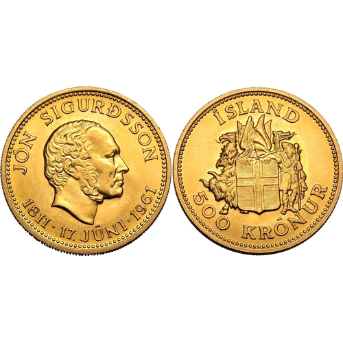 76 - ICELAND. Republic, 1944-date. Gold 500 kronur, 1961. Royal Mint (Tower Hill). 150th Anniversary of t... 