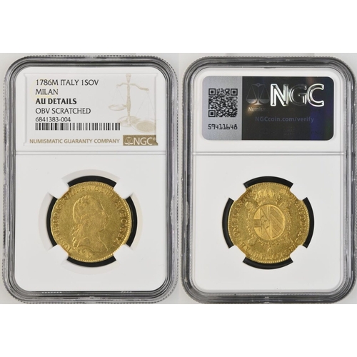 77 - ITALY. MILAN. Gold 1 sovrano (45/6), 1786 M. Milan. Joseph II. Bust right above mintmark, IOSEPH&mid... 