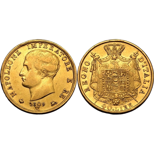 78 - ITALY. NAPOLEONIC KINGDOM. Gold 40 lire (40), 1809 M. Milan. Napoleon I. bust of Napoleon facing lef... 