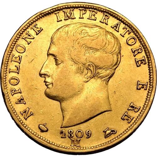 78 - ITALY. NAPOLEONIC KINGDOM. Gold 40 lire (40), 1809 M. Milan. Napoleon I. bust of Napoleon facing lef... 