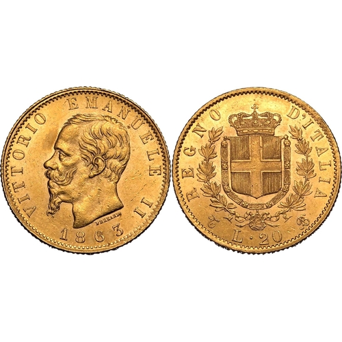 79 - ITALY. Vittorio Emanuele II, 1861-78. Gold 20 lire, 1863 T BN. Turin. Head of Vittorio Emanuele faci... 