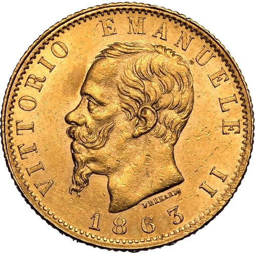 79 - ITALY. Vittorio Emanuele II, 1861-78. Gold 20 lire, 1863 T BN. Turin. Head of Vittorio Emanuele faci... 