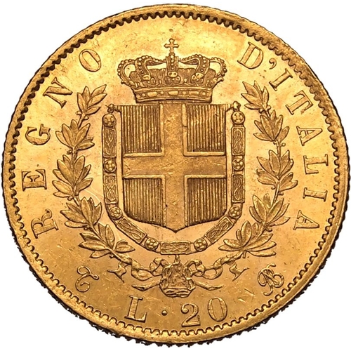 79 - ITALY. Vittorio Emanuele II, 1861-78. Gold 20 lire, 1863 T BN. Turin. Head of Vittorio Emanuele faci... 