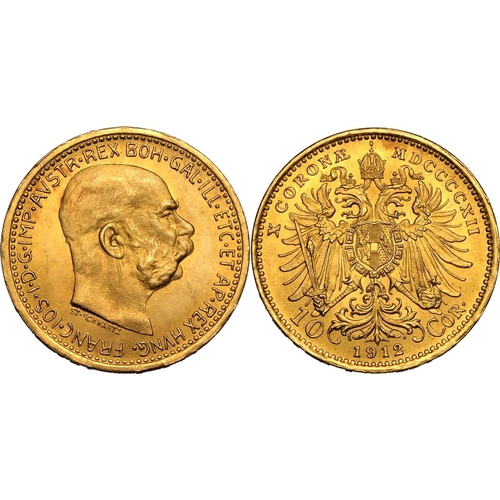 8 - AUSTRIA. HABSBURG. Franz Joseph I, 1848-1916. Gold 10 corona, 1912. Vienna. Bare headed aged portrai... 