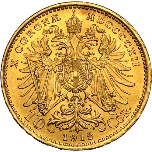 8 - AUSTRIA. HABSBURG. Franz Joseph I, 1848-1916. Gold 10 corona, 1912. Vienna. Bare headed aged portrai... 