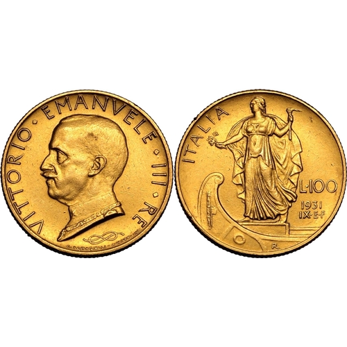 80 - ITALY. Gold 100 lire (100 itl), 1931 R. Vittorio Emanuele III. King Vittorio Emanuele III facing lef... 