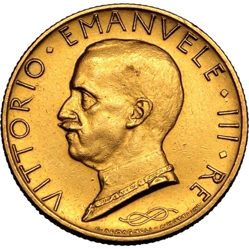 80 - ITALY. Gold 100 lire (100 itl), 1931 R. Vittorio Emanuele III. King Vittorio Emanuele III facing lef... 